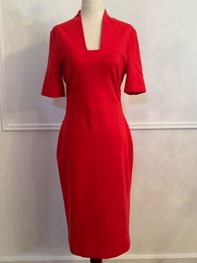 Escada Danisi Riga Red Sheath Dress Plunge Neck Gold Zip Button Cuffs 36 US 6